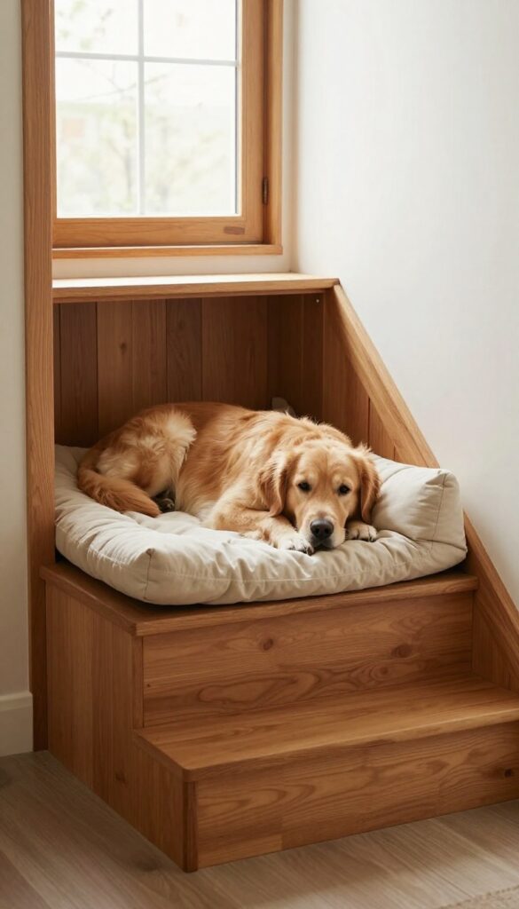Custom built-in wooden dog crate under stairs with memory foam cushion flooring, photorealistic dog bed interior, Golden Retriever resting, bright natural light, blog photography style.