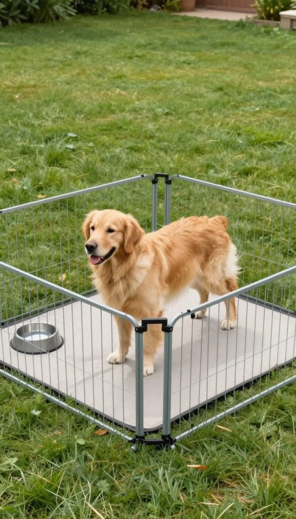 Portable exercise pen in a backyard with a dog on a mat and a water bowl inside.