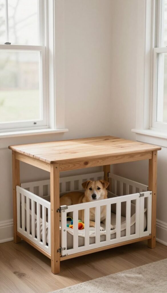 Repurposed corner desk dog kennel with baby gate, bed, and toys in bright room
