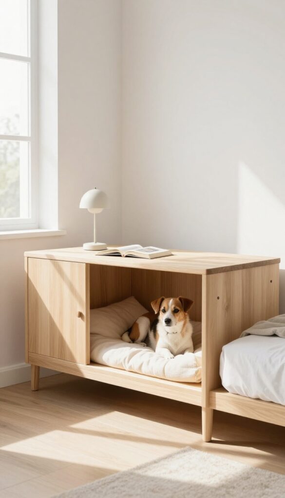 Dog crate used as a nightstand in a modern bedroom with a dog inside and a lamp on top.