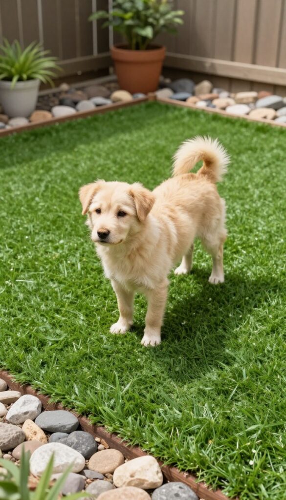 Dog standing on artificial turf potty zone in a clean backyard with natural light