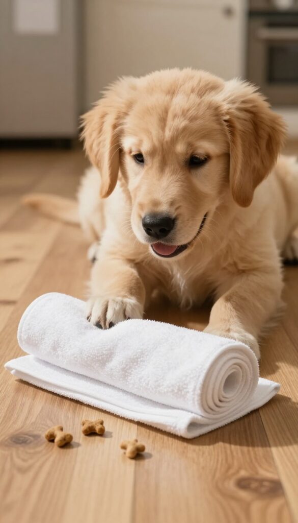 Dog unrolling a towel with treats inside on a sunny floor
