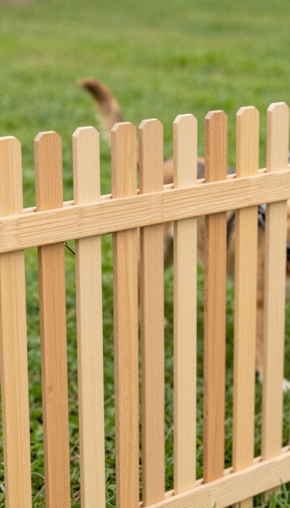 Chain link fence with wooden privacy slats in a sunny backyard, blocking view to calm the dog.
