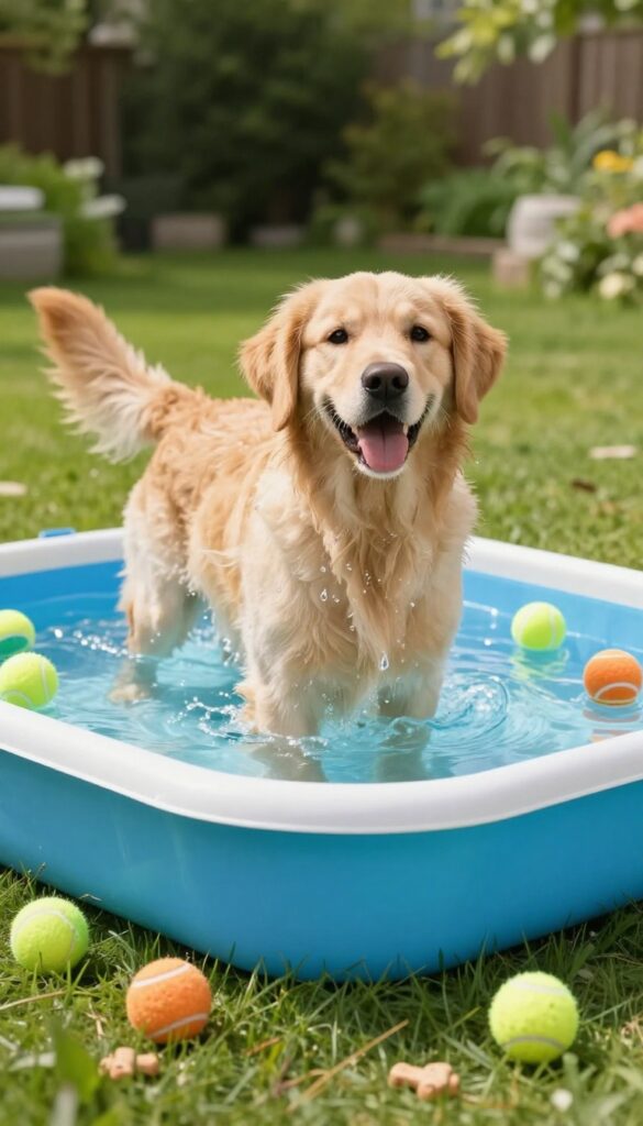 Golden retriever playing in a kiddie pool with floating toys and treats on a sunny day