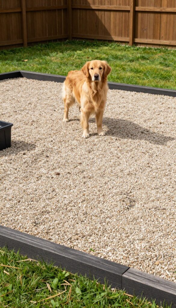 Dog standing on pea gravel potty area in backyard