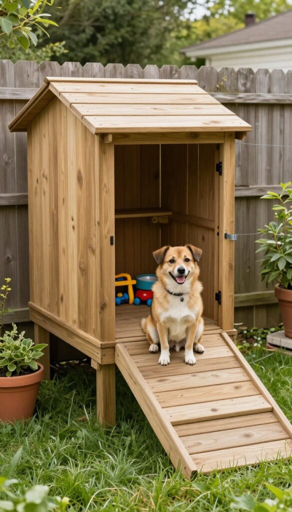 Elevated deck kennel in a small sunny backyard with a dog on the platform and storage underneath