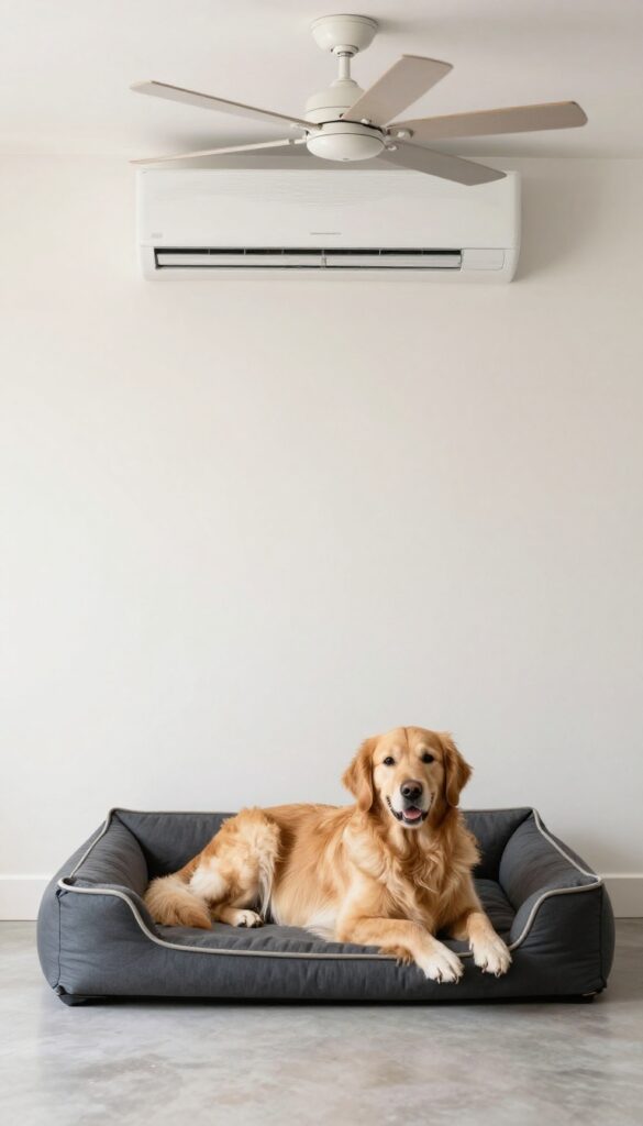 Cozy garage dog room with mini-split climate control, ceiling fan, and dog bed with golden retriever.