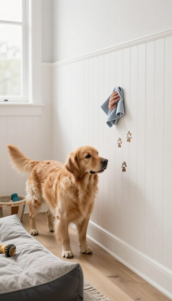 Washable wall panels in a dog room with a golden retriever and easy cleanup