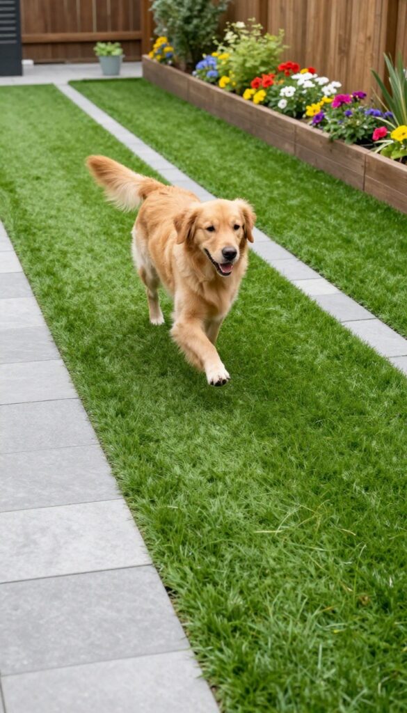 Dog running on artificial turf path with stone border in sunny backyard