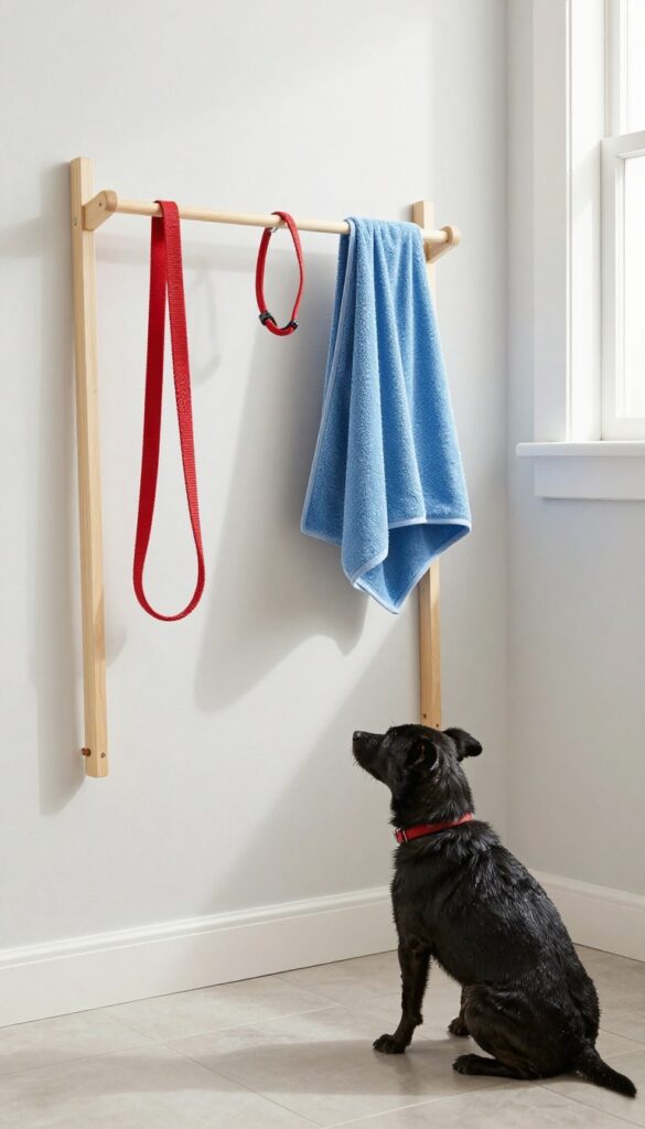 Wall-mounted drying rack with wet dog gear in a bright laundry room