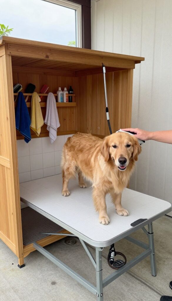 Dog grooming station inside a backyard kennel shed with a golden retriever on a non-slip grooming table
