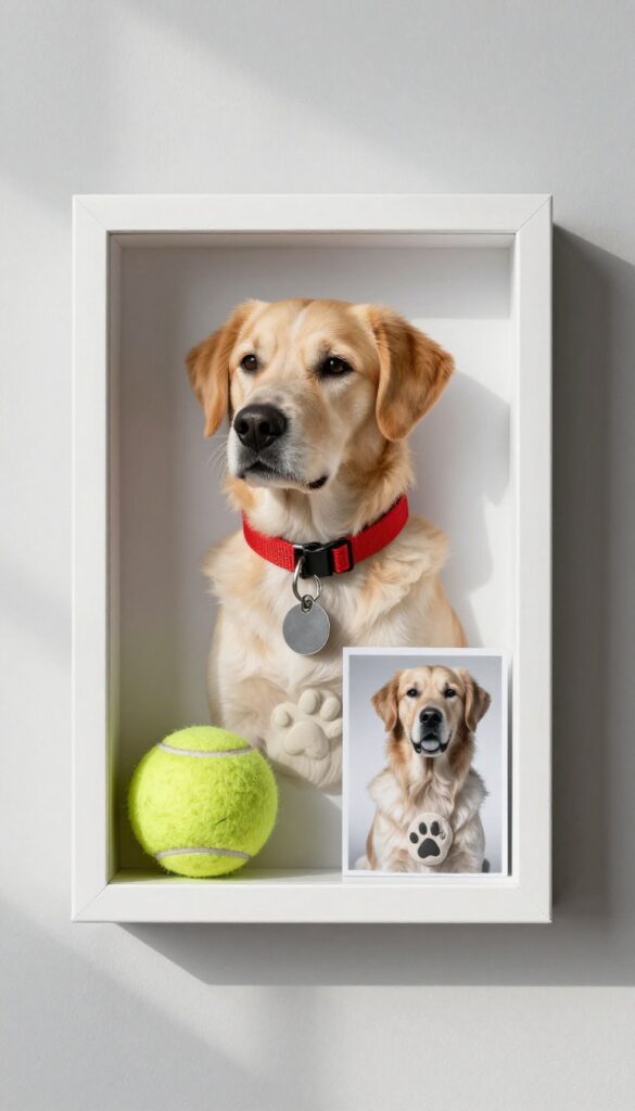 A shadow box displaying a dog's collar, tag, tennis ball, paw print impression, and photo on a wall.