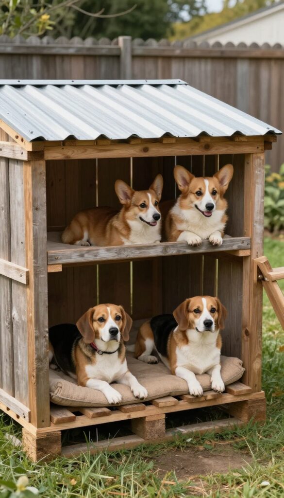 Double-decker pallet dog kennel with two dogs in a sunny backyard
