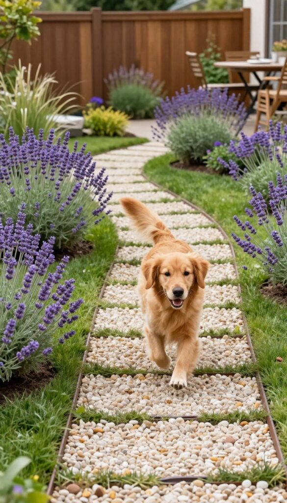 A dog running on a gravel path in a sunny backyard with flower beds and steel edging.