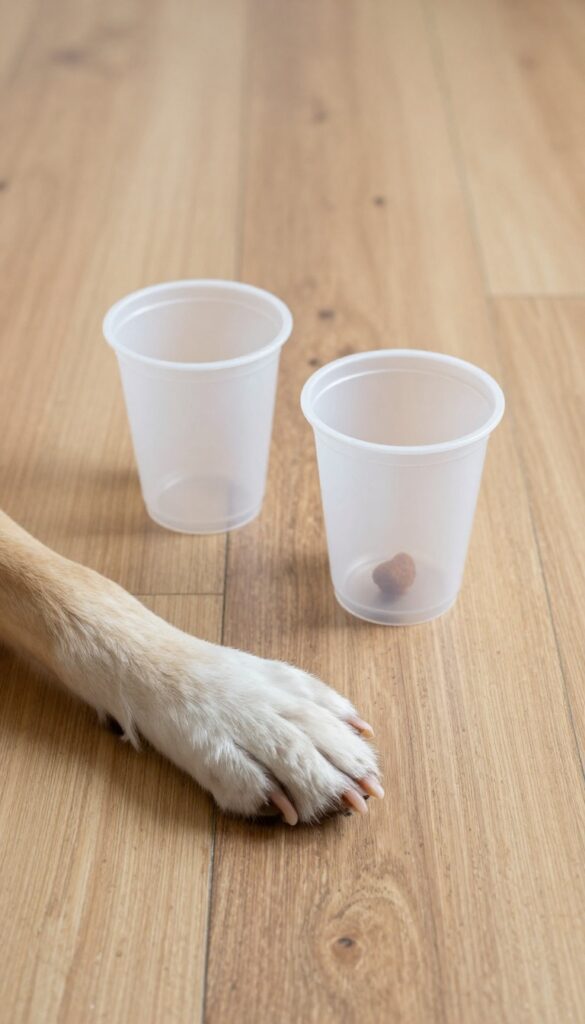 Dog playing the cup shuffle game with three upside-down cups on a wooden floor, one treat visible.