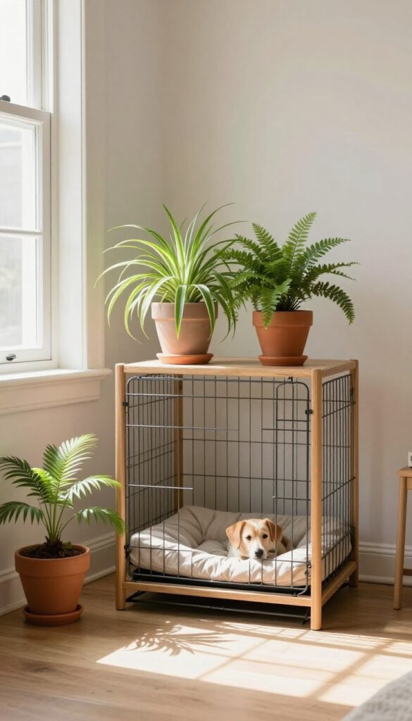 Dog crate decorated with pet-safe plants in a bright, cozy living room corner