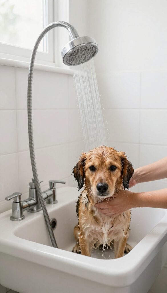 Handheld shower wand attached to a mudroom sink, rinsing a wet dog standing in the sink.