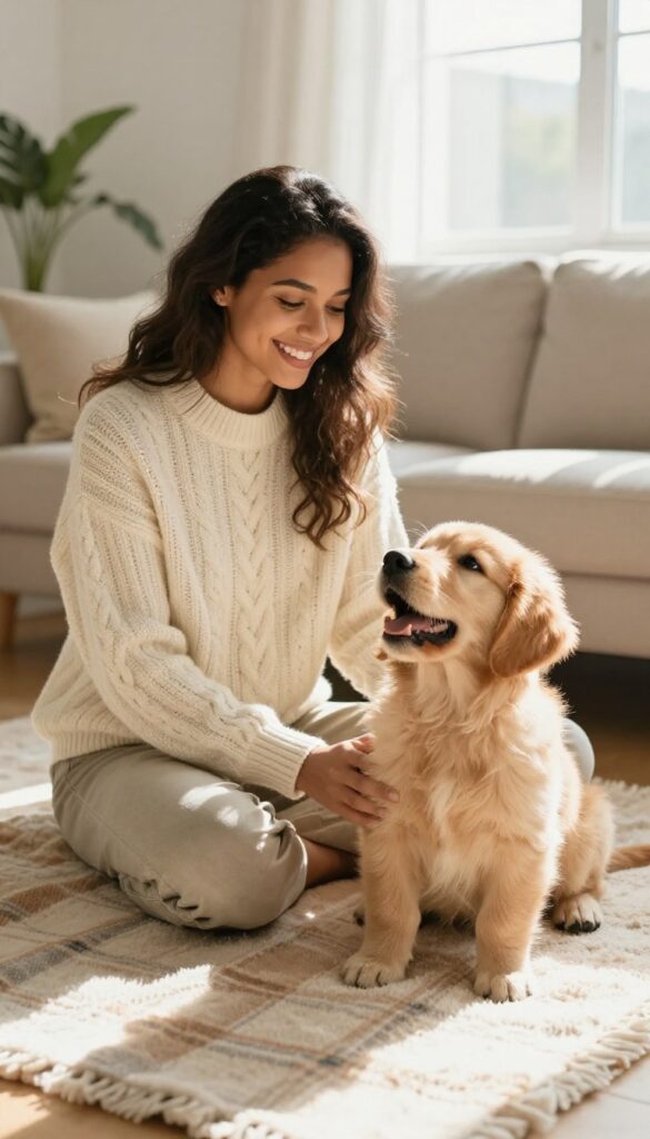 Woman and her golden retriever puppy wearing matching cream sweaters, sitting on a blanket in a sunlit room.