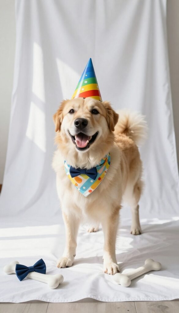Dog in party hat and bandana at a photo booth with props and plain backdrop