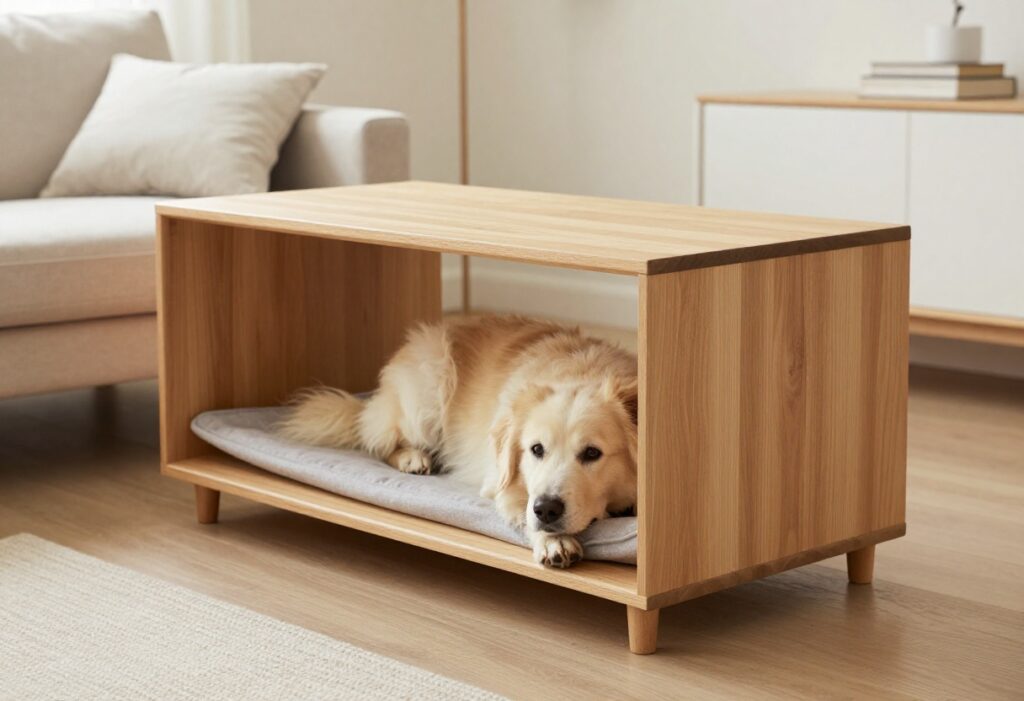 Dog crate disguised as an end table with a dog peeking out