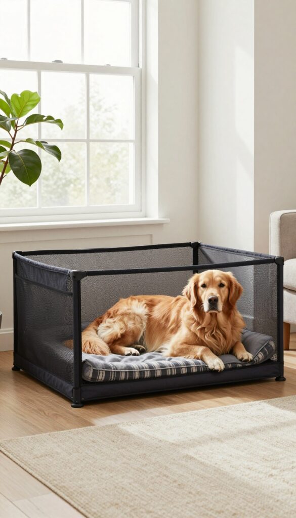 Large breed dog resting in extra-large soft-sided crate in bright living room