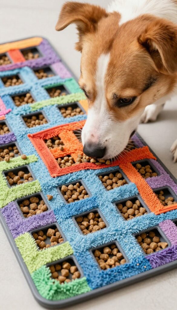 Dog sniffing a towel snuffle mat with kibble hidden in fabric strips