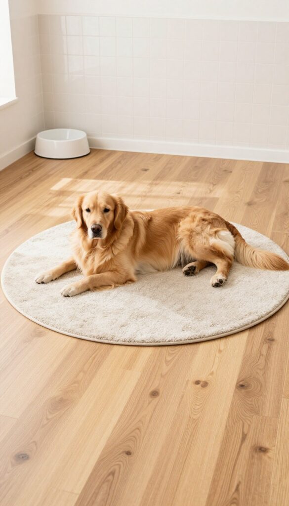 Clean dog kennel room with vinyl plank flooring, a golden retriever on a washable rug, and ceramic tile accents.