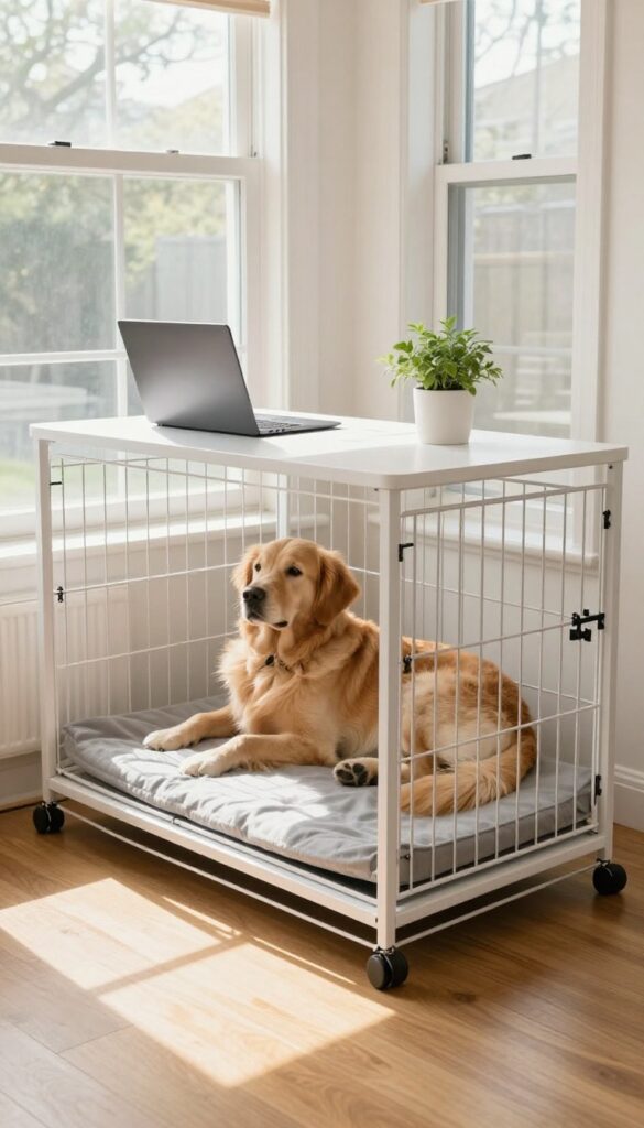 Rolling cart desk positioned over a dog crate in a bright living room, with a dog resting inside the crate.