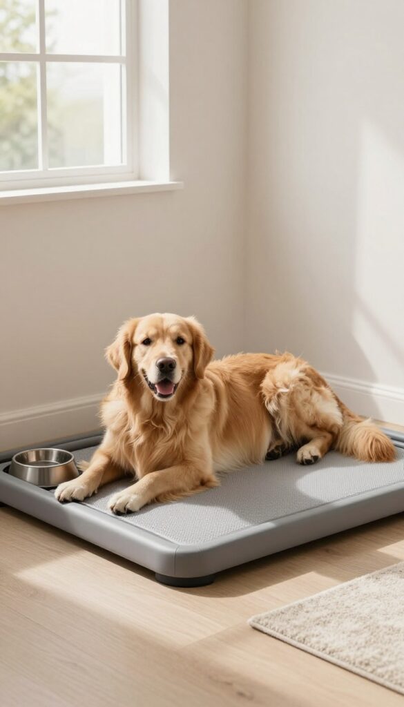 Dog lying on a cooling mat inside a shaded kennel corner