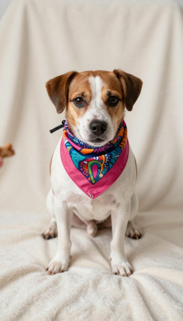 A happy dog wearing a patterned bandana in front of a plain backdrop