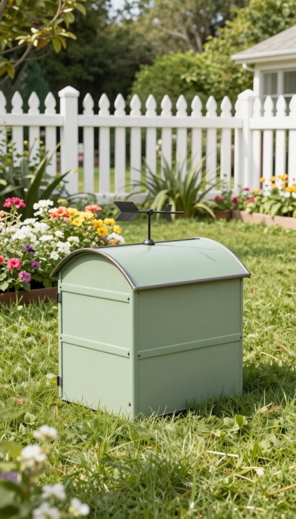 Vintage-inspired metal dog kennel with cupola and weathervane in a garden setting