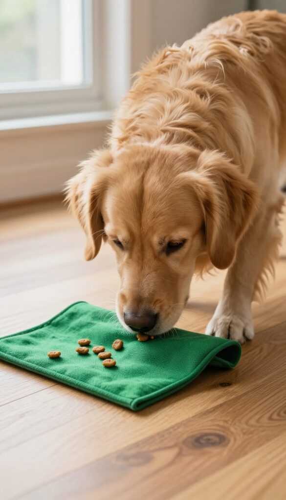 Golden retriever sniffing treats from a snuffle mat on hardwood floor