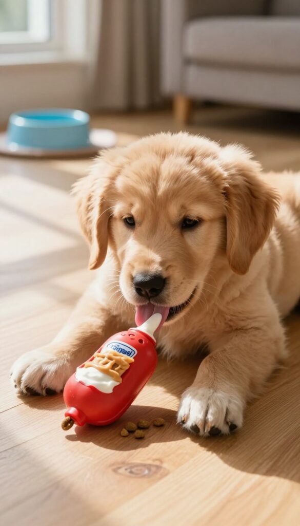 Golden retriever puppy licking a frozen Kong stuffed with peanut butter and kibble on a wooden floor