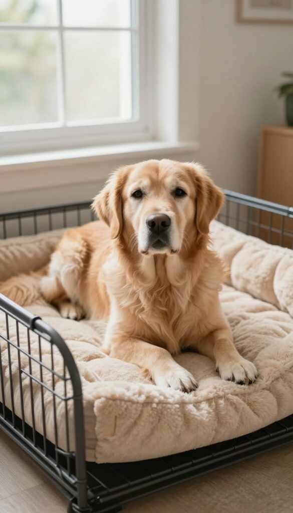 Senior Golden Retriever resting on orthopedic bed inside a dog crate