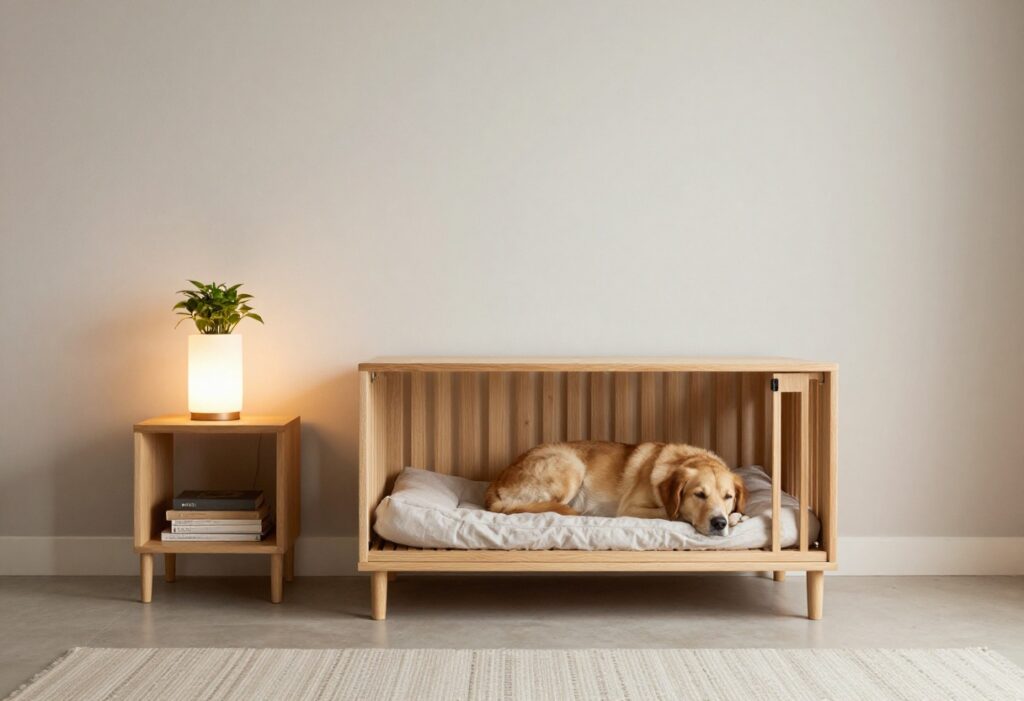 Aesthetic dog crate styled as an end table in a modern living room with a dog resting inside