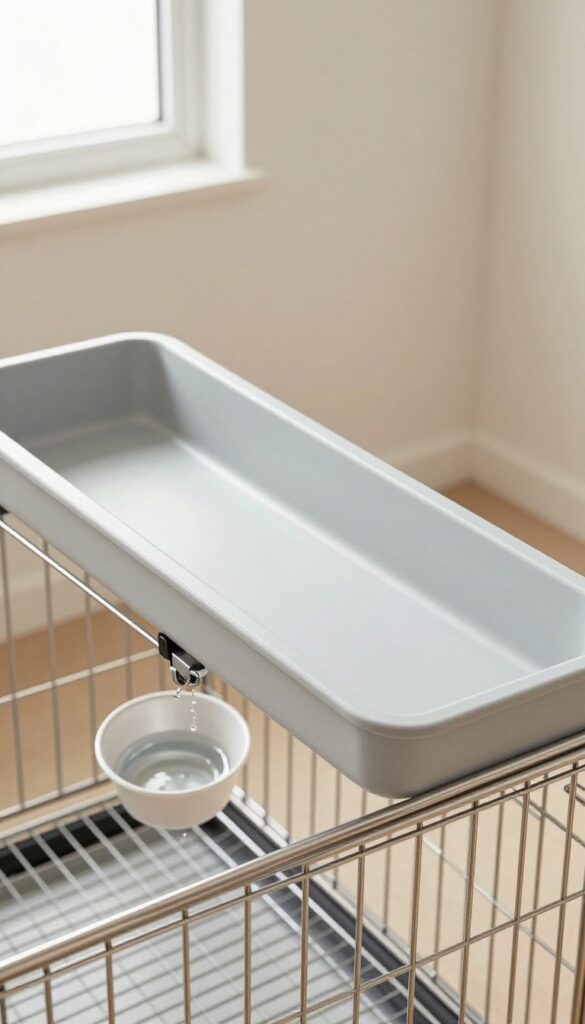 Removable tray system under a wire dog crate, partially slid out to show easy waste management.