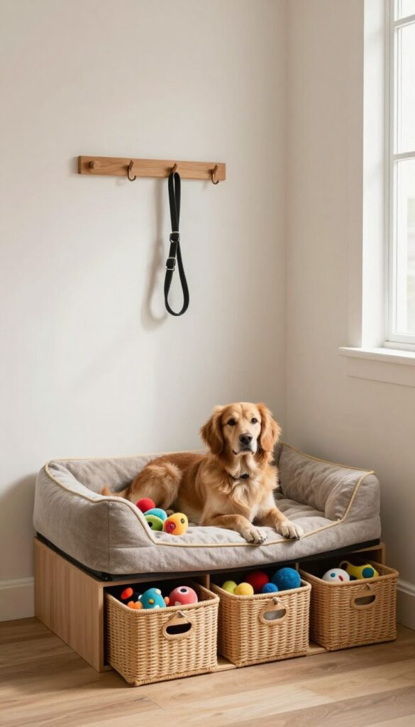 Cozy under-stair dog nook with toy storage, gear hooks, and a plush bed in bright natural light
