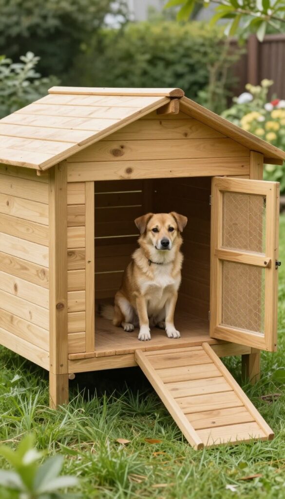 Elevated platform dog kennel with ramp in a sunny backyard