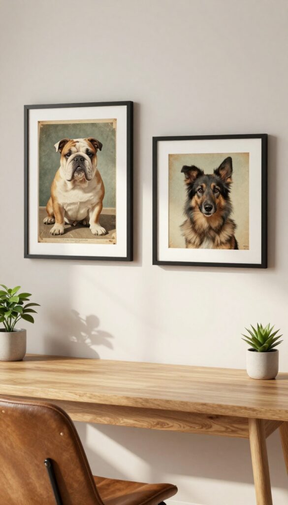 Vintage dog breed posters framed in a home office with natural light