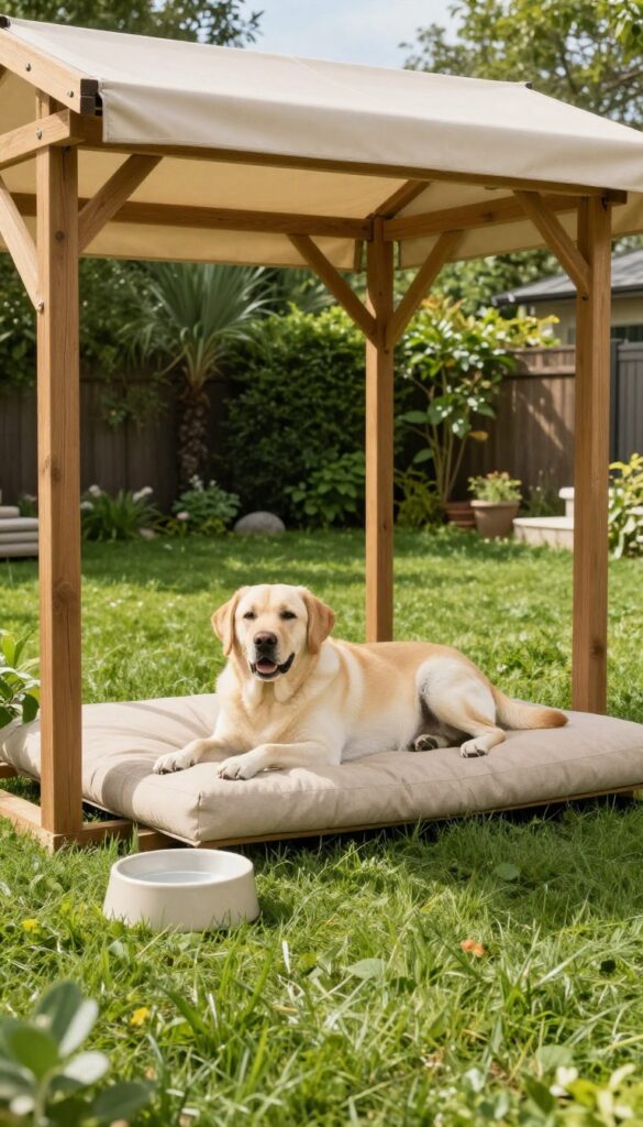 Dog resting on cushioned bed under a shaded pergola in a sunny backyard