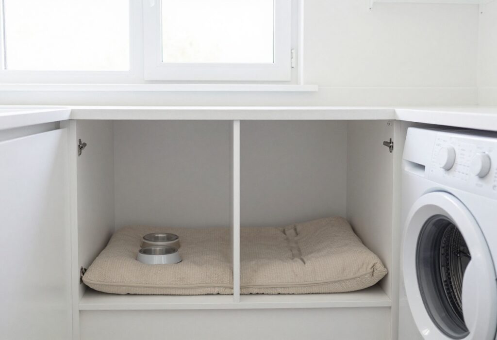 Small laundry room with a built-in dog kennel under the counter, featuring a dog bed and water bowl.