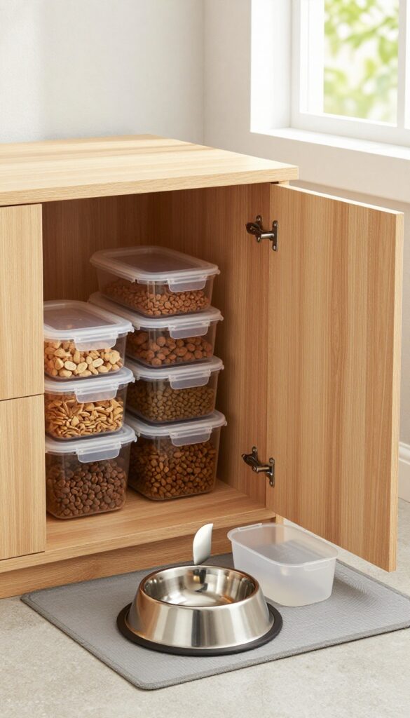 Elevated dog feeding station with built-in storage in a clean garage, featuring bowls on a mat and airtight containers for food.