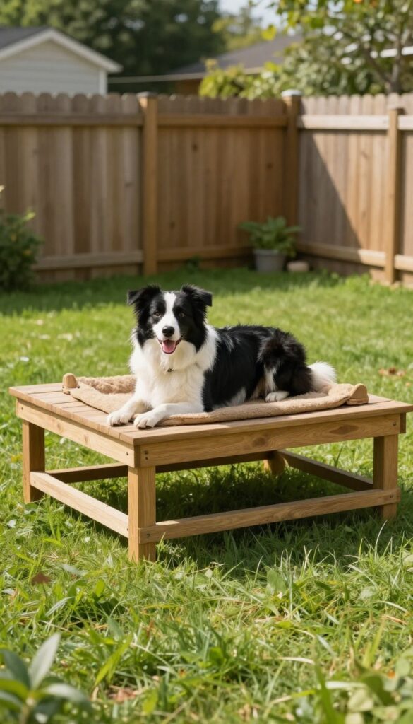 Elevated wooden deck platform in a backyard dog run with a dog lounging on top, looking over the yard