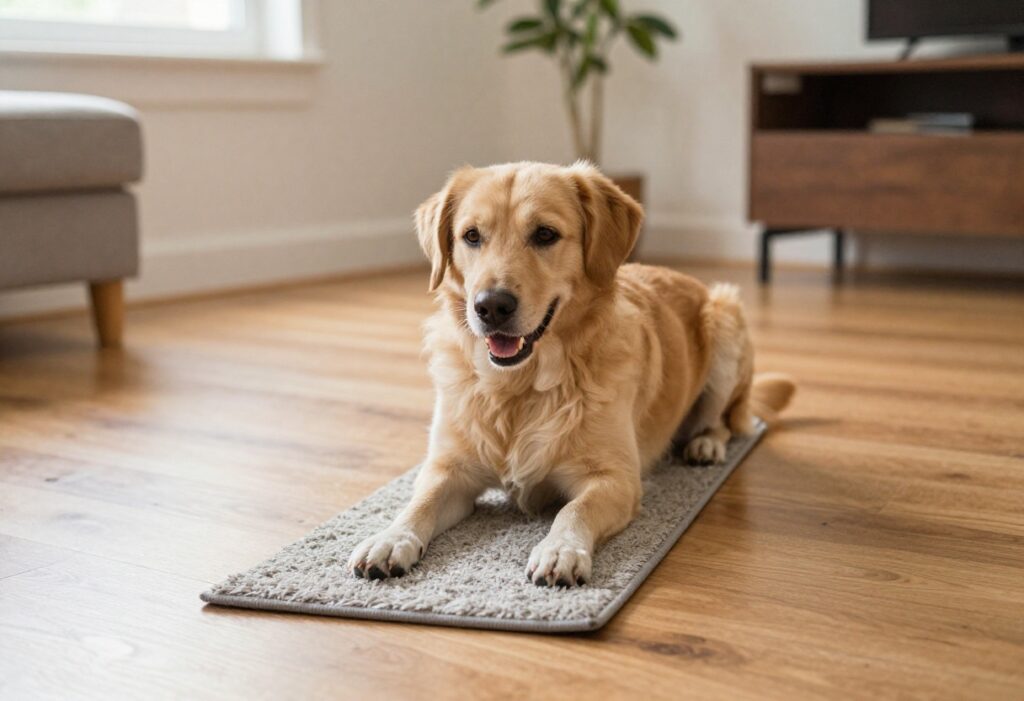 Dog using a snuffle mat indoors, mental stimulation game