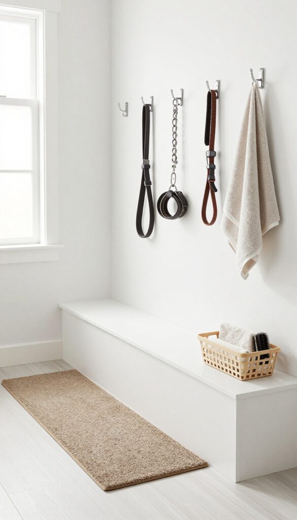 Mudroom drop zone under stairs with hooks, mat, and towel for dogs