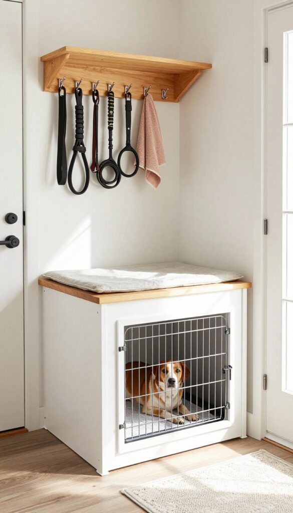 Mudroom bench with built-in dog kennel, organized dog gear, and natural light
