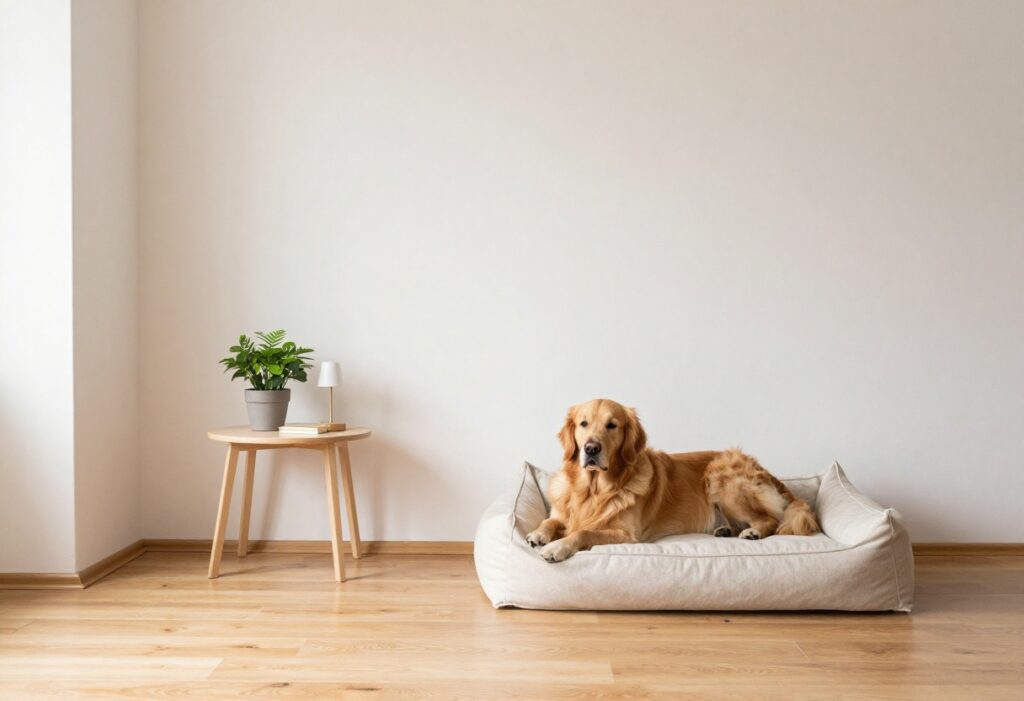 Small stylish dog crate as side table in bright living room with golden retriever inside