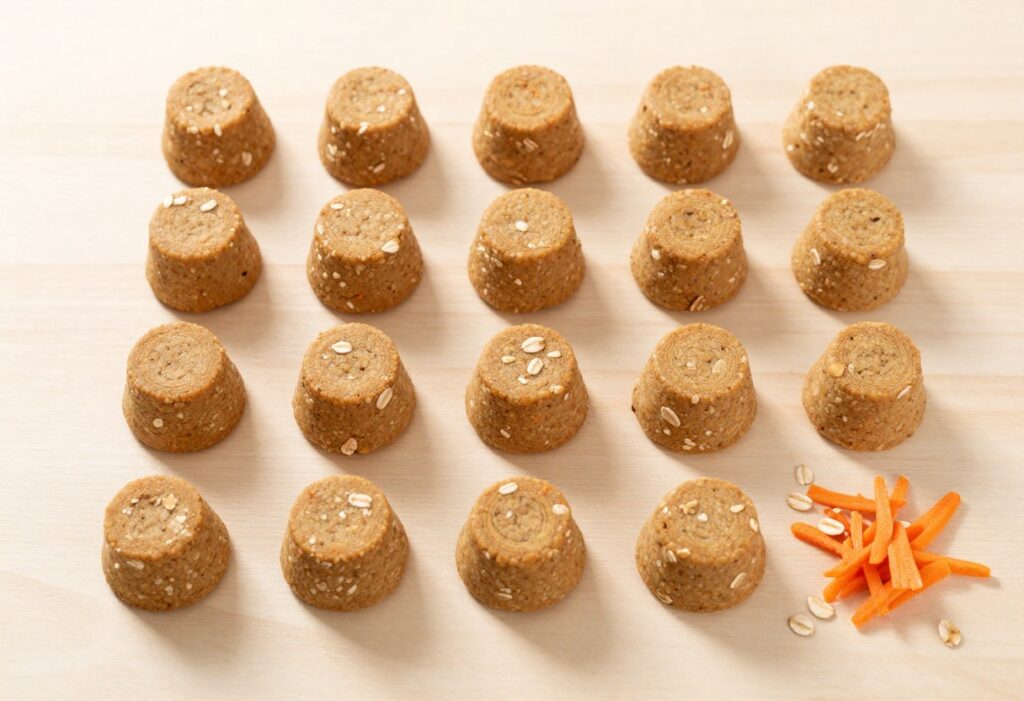 Homemade banana carrot oat dog treats arranged on a wooden surface with oats and grated carrot nearby.