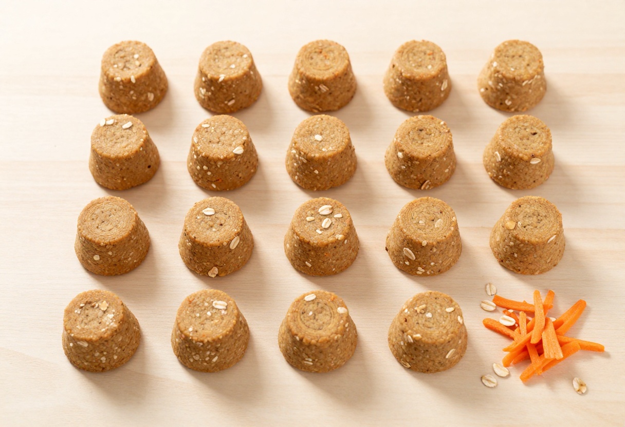 Homemade banana carrot oat dog treats arranged on a wooden surface with oats and grated carrot nearby.