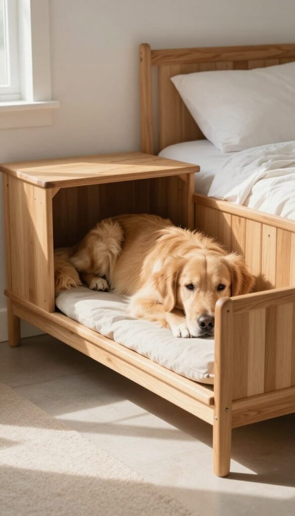 A wooden dog kennel at the end of a bed with a golden retriever resting inside, warm bedroom interior.